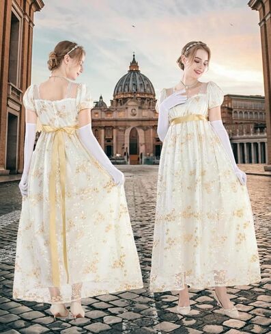 NSPSTT Golden Regency Dresses for Women 1800s Vintage Dress Victorian Ball Gown with Gloves in Kuwait