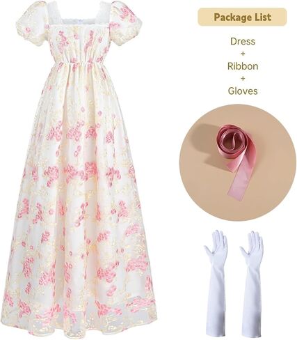 NSPSTT Golden Regency Dresses for Women 1800s Vintage Dress Victorian Ball Gown with Gloves in Kuwait