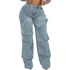 LETSVDO Women's High Waisted Cargo Jeans Straight Wide Leg Baggy Detachable Patchwork Asymmetrical Stretch Denim Pants in Kuwait