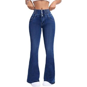 MakeMeChic Women's Y2K Denim Pants Bell Bottom Shirred Flare Skinny Y2K Jeans Trousers with Pocket
