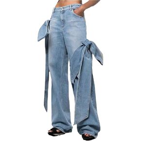HuiSiFang Women's Straight Leg Jeans Boyfriend Casual Bow Jeans High Waisted Button Front Trendy Denim Pants