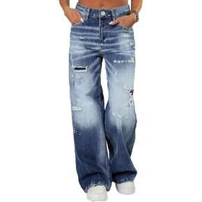 Flamingals Women's Straight Leg Mid Rise Ripped Jeans for Women Casual Wide Leg Denim Pants