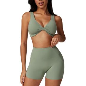ABOCIW Workout Sets for Women Twist Front Cross Back Sports Bra High Waist Biker Shorts 2 Piece Yoga Outfits