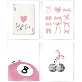 YQDEJ Coquette Pink Bow Trendy Preppy Y2K Wall Art Prints Set of 4, Coquette Room Decor, Preppy Room Decor, Pink Bow Disco 8 Ball Cherry Posters Wall Decor for Girls Room Dorm Apartment, 8x10 Unframed