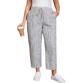 MakeMeChic Women's Plus Size Striped Pants Elastic Waist Tapered Drawstring Trousers with Pockets