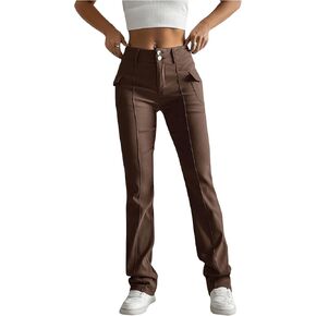 Floerns Women's Solid High Waisted Stretch Pants Straight Leg Pants with Flap Pockets
