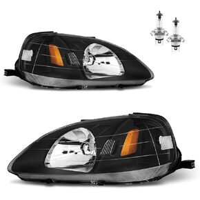 Headlights Assembly for 1999-2000 Honda Civic 2/3/4 Door Headlamp Replacement Chrome Housing Amber Reflector Driver & Passenger Side