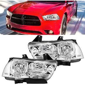 Headlights Assembly Compatible with 2011 2012 2013 2014 Dodge Charger Halogen Headlamp Driver and Passenger, Chrome Housing Amber Side