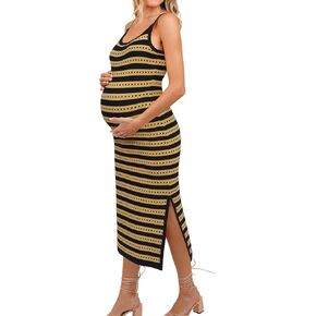 OUGES إمرأة 2025 ربيع الأمومة فستان مخطط السباغيتي حزام Bodycon متماسكة الجانب الشق ميدي سترة فستان كاجوال