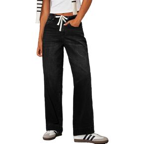 Sidefeel Women's Wide Leg Jeans High Waisted Stretchy Straight Leg Baggy Drawstring Denim Pants with Pockets