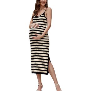 OUGES Womens 2025 Spring Maternity Striped Dress Spaghetti Strap Bodycon Knit Side Slit Midi Sweater Casual Dress