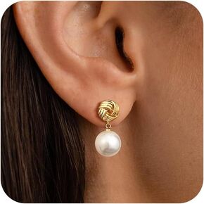 CHESKY Pearl Drop Studs Earrings for Women, 14k Gold Plated Love Knot Pearl Earrings Hypoallergenic Pearls Earring for Women Lightweight Pearl Trendy Gifts