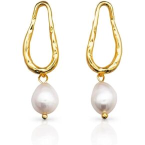 18K Karat yellow gold plated over sterling silver freshwater baroque pearl drop dangle earrings jewelry gift for women Trendy Jewelry Gift for Women Freshwater Pearl Earrings for Women