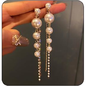 Pearl Earrings for Women Sparkle Rhinestone Pearl drop Earrings Pearl Tassel Earrings Dainty Freshwater Pearl Dangle Earring Pearl Earrings Bridal Wedding Birthday Christmas Jewelry in Kuwait