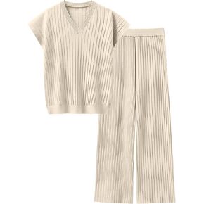 Caracilia Two Piece Sets for Women Casual Summer Cap Sleeve Tops Knit Pants Sweater Lounge Matching Set 2025 Trendy Outfits