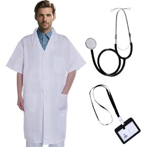 Scientist Doctor Costume Women Men Halloween White Short Sleeve Lab Coats with Stethoscope ID Card for Student Adult