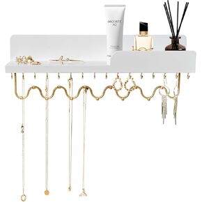 Hanging Jewelry Organizer with 29 Hooks and Cosmetics Shelf, Modern Wood Wall Mounted Jewelry Holder for Necklaces, Bracelets, Earrings and Rings, White