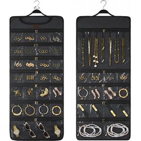 SMRITI Hanging Jewelry Organizer with Dual Zippered Pockets Canvas Double Sided Rotating Hanger Necklace Hanging Wall Organizer Earring Dustproof Holder Wall Mount Accessories Display Bag(Purple)