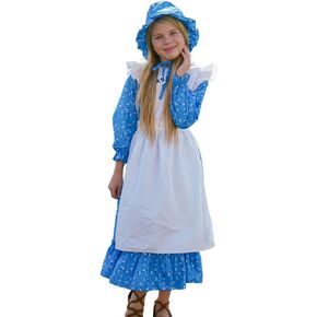 Girls Colonial Halloween Dress Floral Prairie Pioneer Long Sleeve Dresses with Hat Apron 1800s Pilgrim Dress