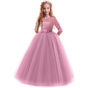Girls Flower Vintage Lace 3/4 Sleeves Wedding Bridesmaid Tutu Dress Floor Length Party Evening Formal Dance Ball Gown