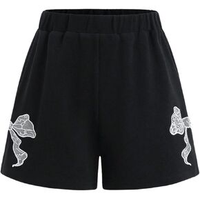 OYOANGLE Women's Bow Print Textured Elastic Waist Wide Leg Shorts Summer Workout Track Shorts
