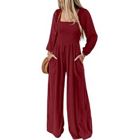 Happy Sailed Womens Loose Casual Jumpsuits Overalls One Piece Long Sleeve Wide Leg Long Pant Rompers with Pockets