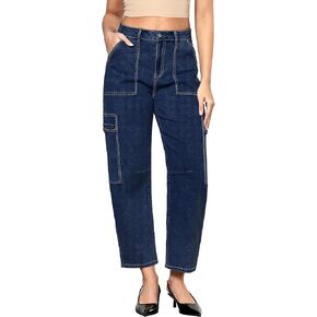 GRAPENT Barrel Jeans for Women Trendy High Waisted Cropped Cargo Pocket Baggy Stretch Denim Pants Wide Leg Tapered Jeans