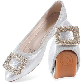 Women's Flats, Foldable Ballet Flats for Women, Fashion Buckle Pionted Toe Comfort Light Weight Slip-On Dress Shoes