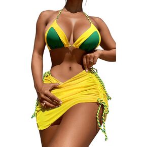 WDIRARA Women's 3 Piece Swimsuit Colorblock Halter Bikini Sets Tie Side Triangle Bathing Suit with Beach Skirt
