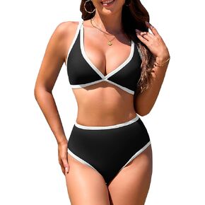 High Waisted Bikini Sets for Women Two Piece Swimsuit Color Block Tummy Control Bathing Suit Triangle Top