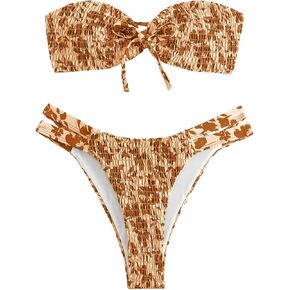 SHENHE Women's Bikini Set Allover Floral Print Smocked High Cut Bandeau Bathing Swimsuit