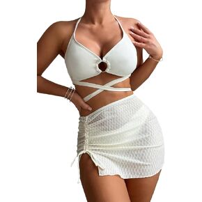 SweatyRocks Women's 3 Piece Bathing Suit Ring Linked Criss Cross Halter Bikini Swimsuits with Beach Skirt