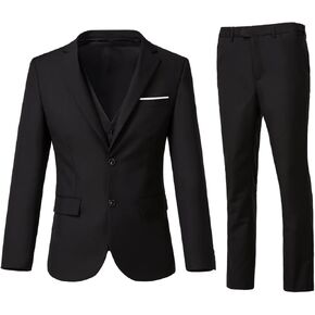 Men's 3 Piece Slim Fit Suit Set, Two Button Blazer Solid Jacket Vest Pants Wedding Business Suit