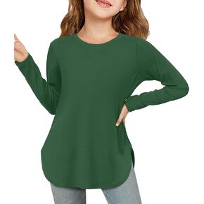 Haloumoning Girls Long Sleeve Shirts Kids Curve Hem Side Slit Soft Tunic Tops T-Shirts 5-14 Years