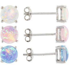 JTV White, Pink, and Blue Lab-Created Opal Stud Earrings Set of 3 - Opal Earrings for Women - Rhodium Plated Sterling Silver - Opal Stud Earrings for Women - Trendy Earring Sets - Birthstone Jewelry