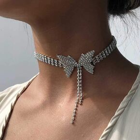 ELABEST Rhinestone Bowknot Butterfly Star Necklace Sparkly Tassel Choker Crystal Tennis Chain Nightclub Party Jewelry for Women (Butterfly tassel)