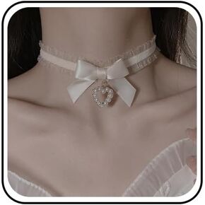Vintage White Lace Choker Necklace Pearl Heart Pendant Necklace Gothic Lace Bow Collar Necklace Lolita Bowknot Lace Necklace Jewelry for Women in Kuwait