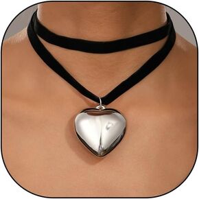 Gold Puffy Love Choker Necklace for Women, Large Chunky Adjustable Heart Pendant Velvet Chain Necklaces for Y2k Fashion Jewelry Gifts