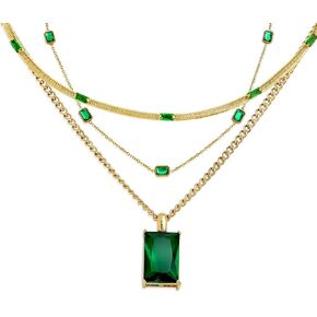 Gold Emerald Layered Pendent Necklace set for Women, Dainty Green CZ Rhinestone Chain Choker Necklaces Wedding Prom Fashion Jewelry Birthday Gift