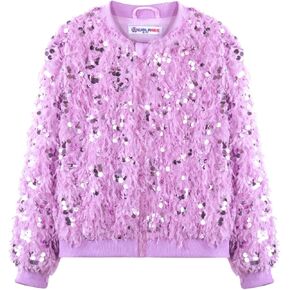 WELAKEN Girls Faux Feather Sequin Jacket Shiny Long Sleeve Zip Up Coat with Pockets 5-12Y