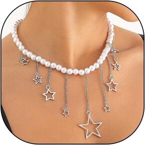 Y2k Pearl Star Choker for Women Pentagram Tennis Tassel Chain Necklace Sparkly Rhinestone Paperclip Chain Collarbone Necklaces Dainty Prom Jewelry Gifts