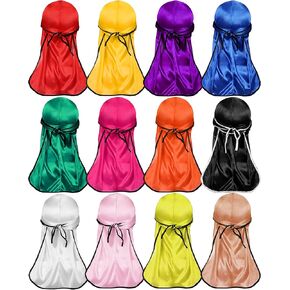 Geyoga 12 Pieces Silky Durag Pirate Cap Long Tail Headwraps for Men and Women Silky Durag Hip Hop Rapper Doo Rag Sleep Hat