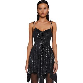 Dolls Kill F is for Fairies Handkerchief Dress - Off-Shoulder, Custom Fit Dress for Fairycore Fashion - Black Sequin, X-Large