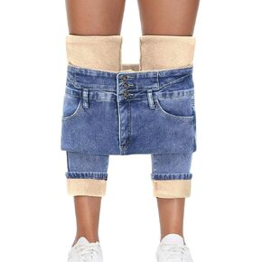Fleece Lined Jeans Women Thermal Flannel Lined Jeans 3 Buttons Winter Warm Skinny Stretch Denim Pants