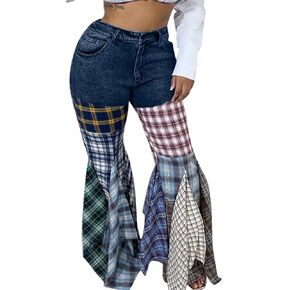 ThusFar Women High Waist Patchwork Flare Jeans Plaid Bell Bottom Ruffle Hem Denim Long Pants Trousers