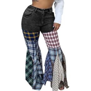 ThusFar Women High Waist Patchwork Flare Jeans Plaid Bell Bottom Ruffle Hem Denim Long Pants Trousers in Kuwait