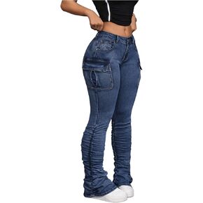 MakeMeChic Women's Vintage Denim Pants Ruched Skinny Y2K Cargo Jeans with Pockets