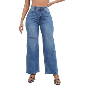 LONGBIDA Womens High Waist Ripped Straight Wide Leg Baggy Jeans Y2k Boyfriend Distressed Loose Denim Pants