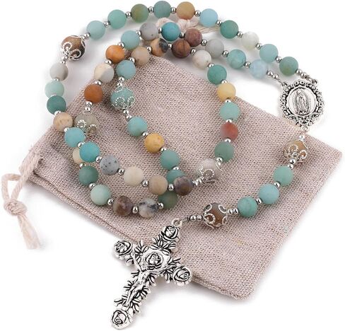 8mm Natural Stone Amazonite Beads Rosary with Caps Guadalupe Medal and Pardon Rose Crucifix in Saudi Arabia