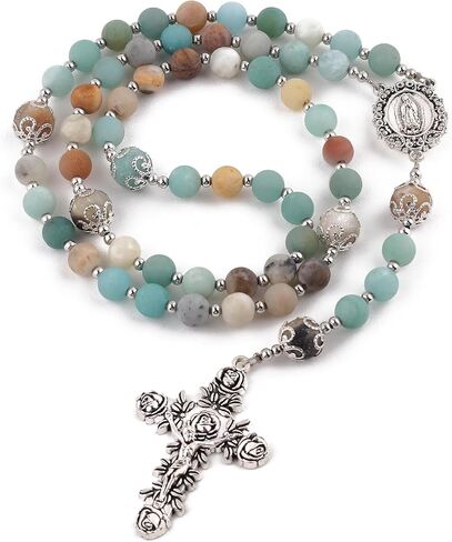 8mm Natural Stone Amazonite Beads Rosary with Caps Guadalupe Medal and Pardon Rose Crucifix in Saudi Arabia
